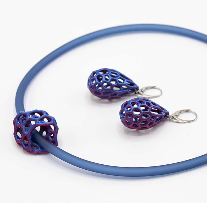 Rubber ketting met 3D geprinte Cube van bio plastic, Lace Blue Violet