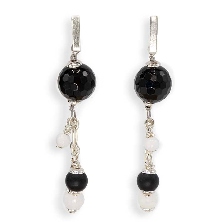 Oorbellen - Zwarte onyx met cacholong - lang