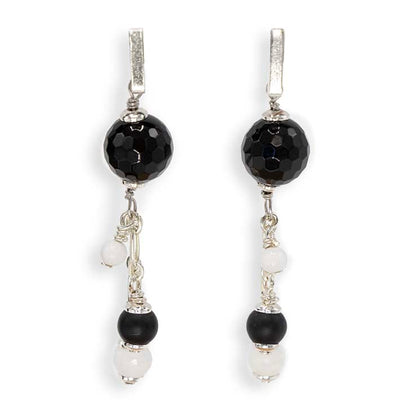 Oorbellen - Zwarte onyx met cacholong - lang