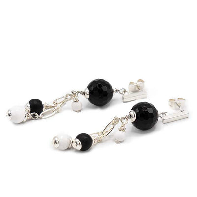 Oorbellen - Zwarte onyx met cacholong - lang