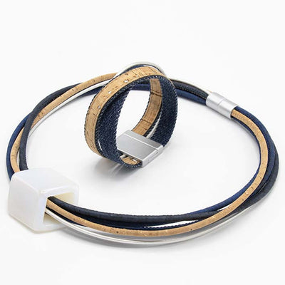 Statement  ketting van kurk en leer met 1 CUBE in wit