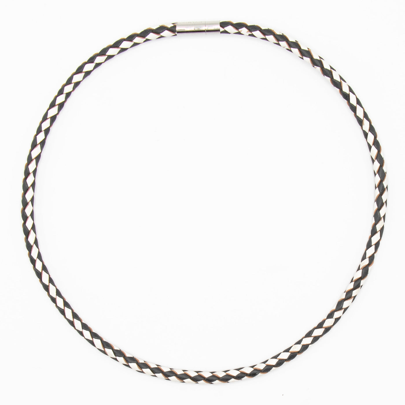 Ketting  van ECHT LEER 1 lijns, zwart/wit gevlochten