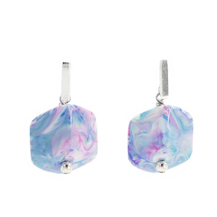 Oorbellen met  1 Cube Marble Blue